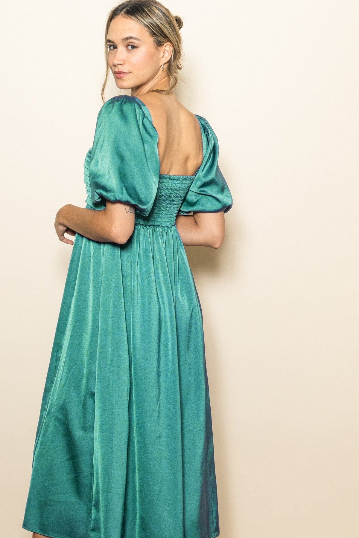 Emerald Green Satin Pleated Bodice Puff Sleeve Midi Dress