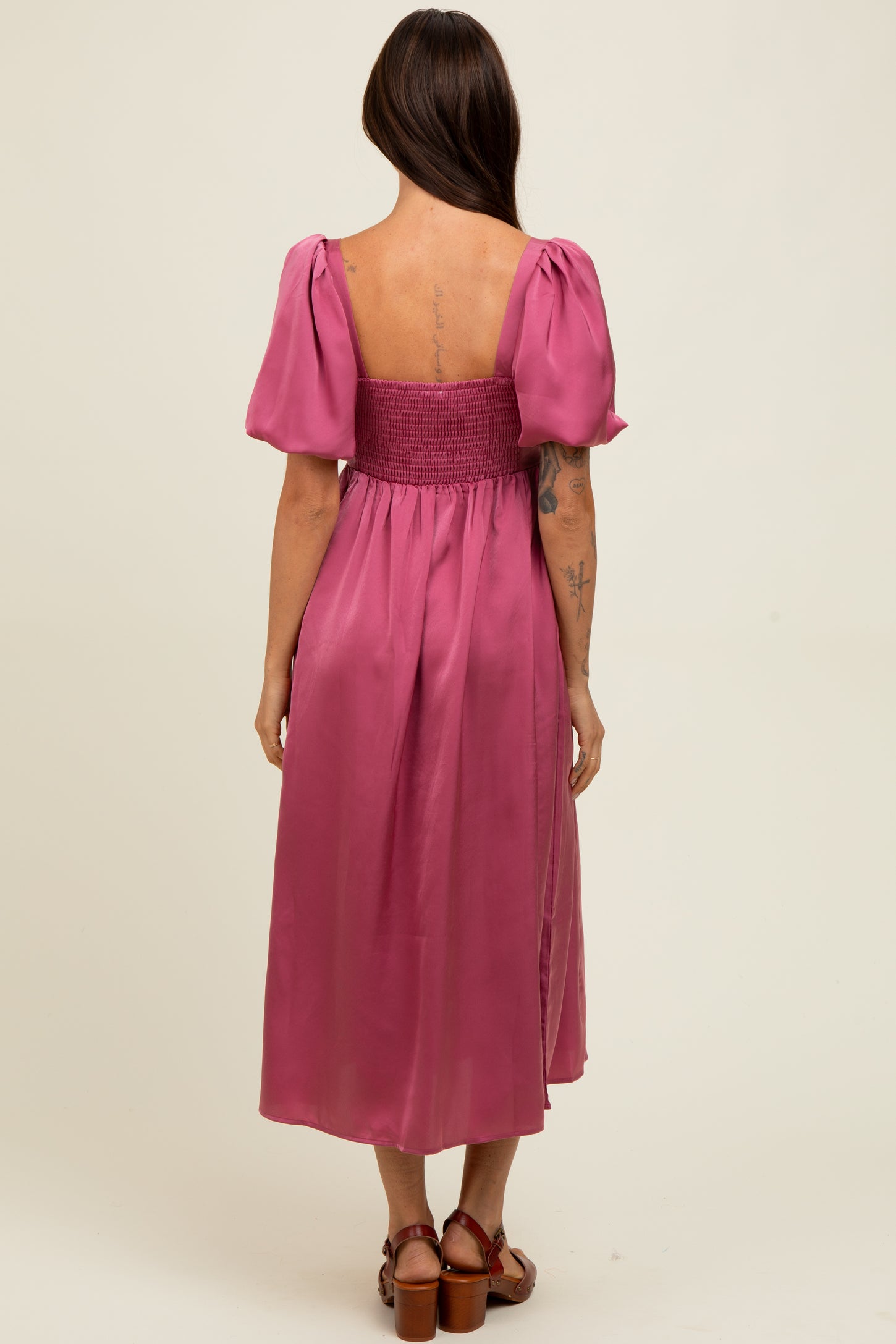Mauve Satin Pleated Bodice Puff Sleeve Midi Dress
