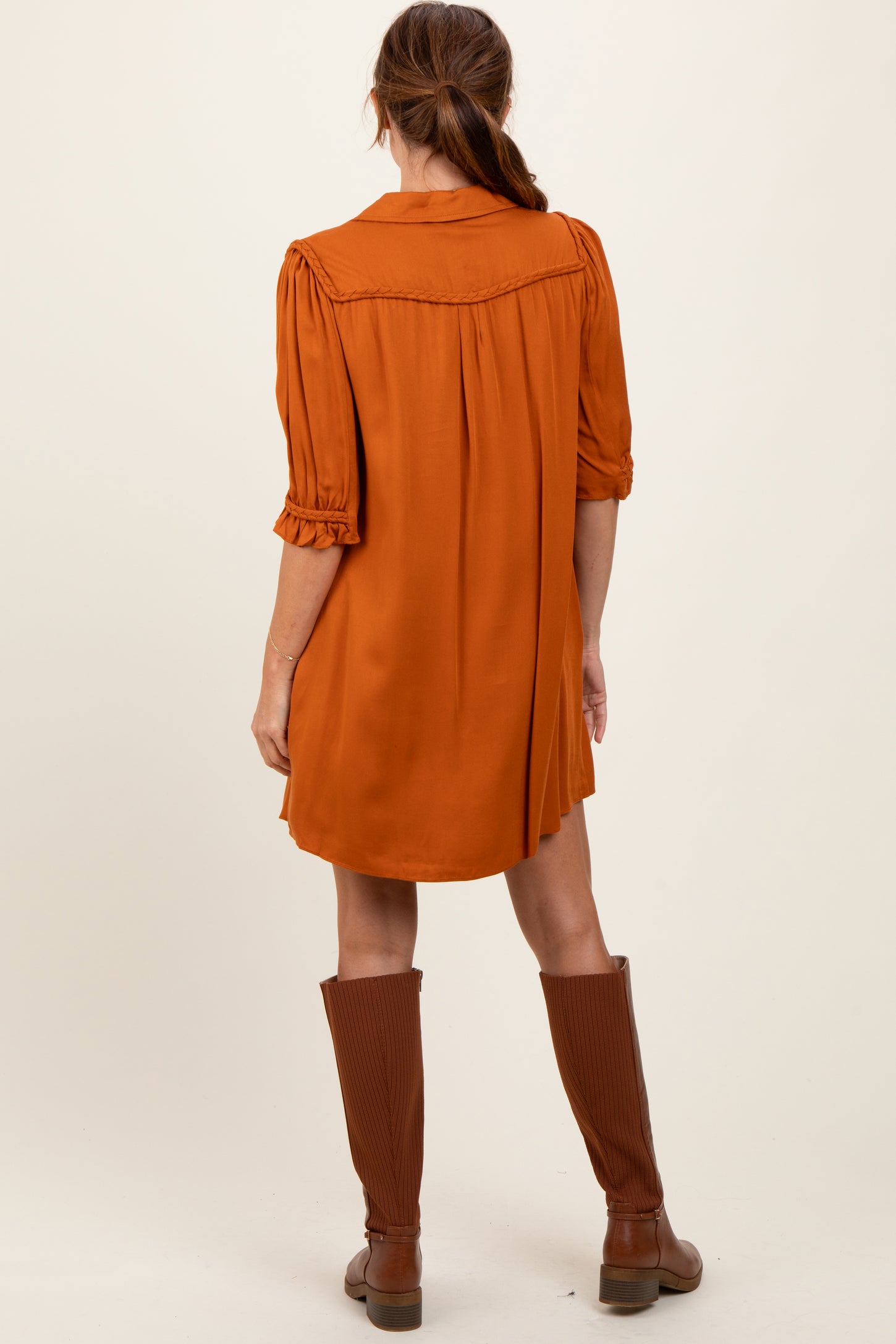Orange Braided Trim Detail Button Down Dress