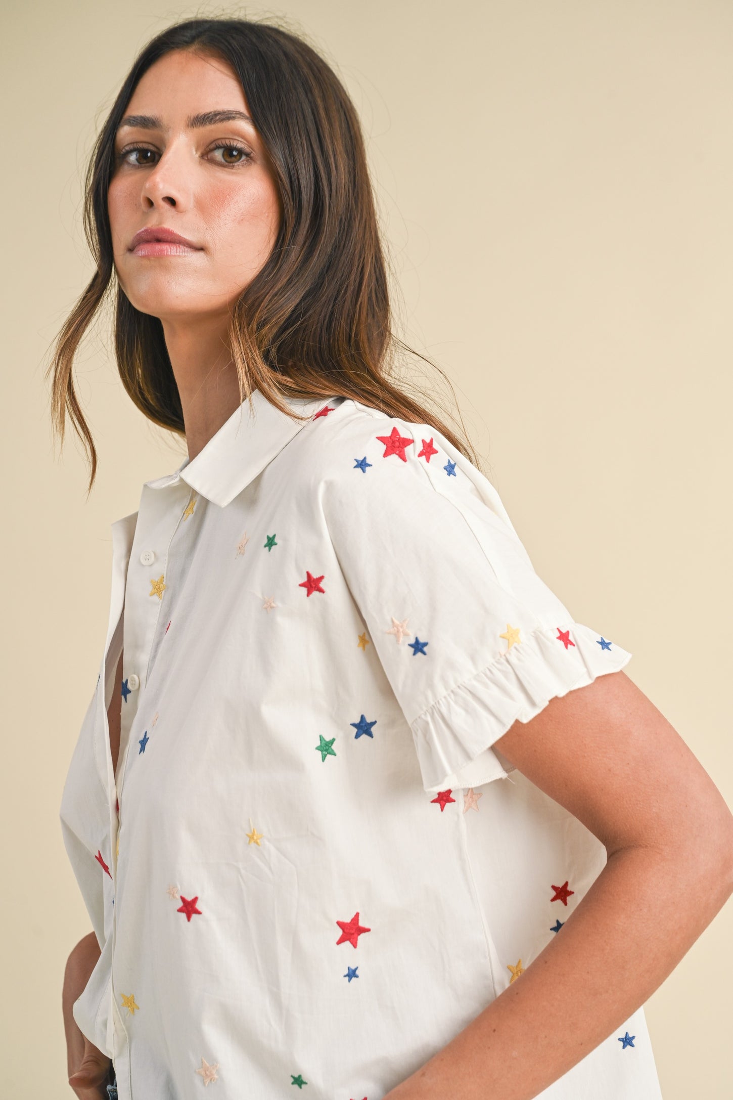 Ivory Star Embroidered Ruffle Detail Shirts