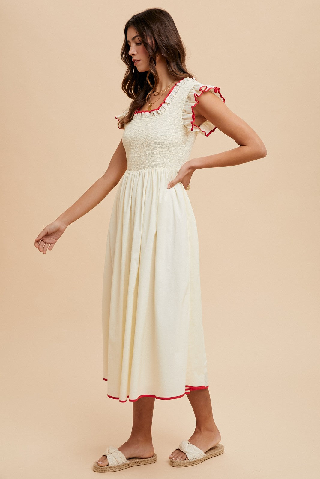 Cream Red Contrast Binding Detail Smocking Midi Dress