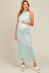 Light Blue Floral Mesh Overlay Maternity Midi Dress