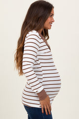 White Striped Ribbed Collared Long Sleeve Maternity Top