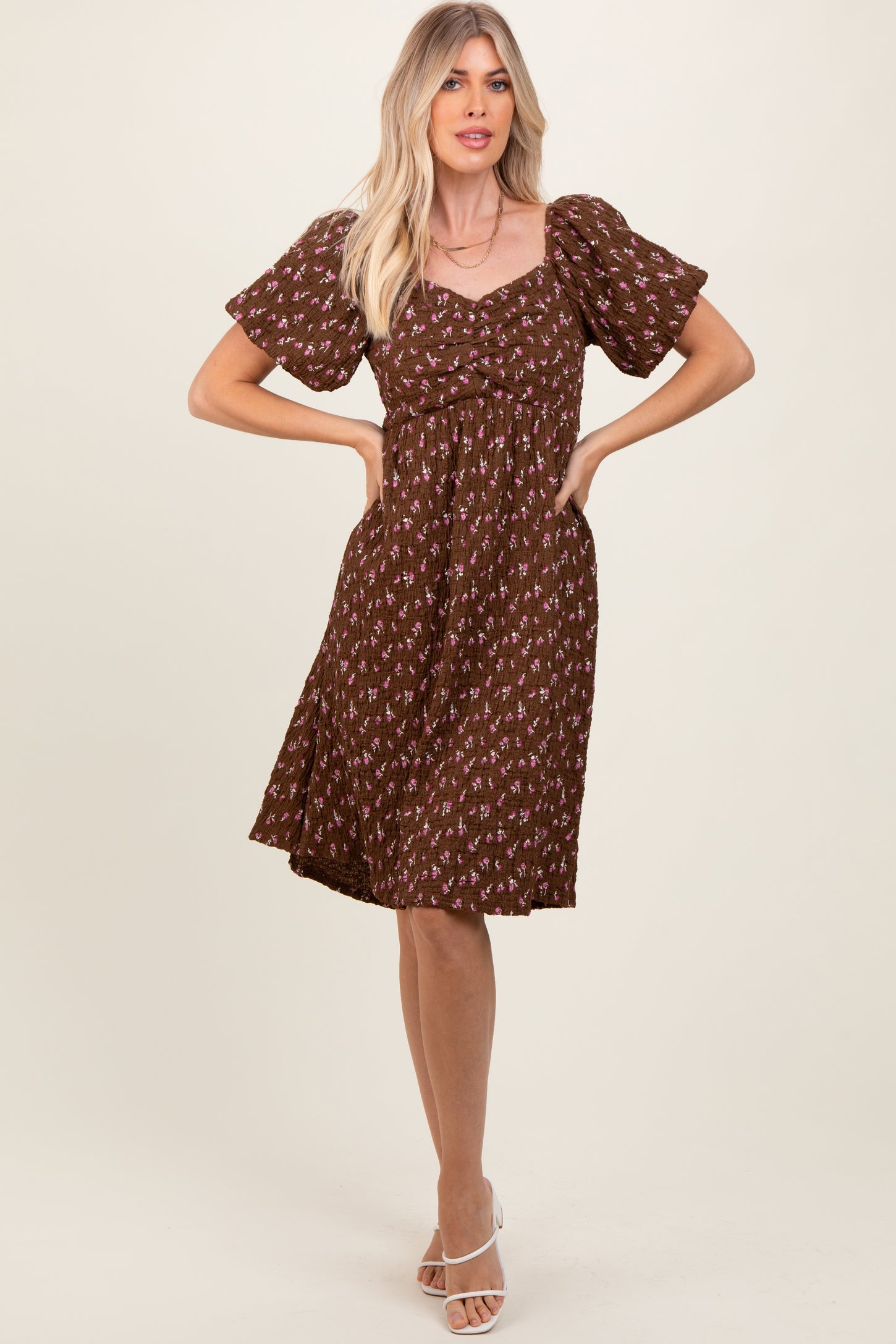 Brown Floral Smocked Sweetheart Dress