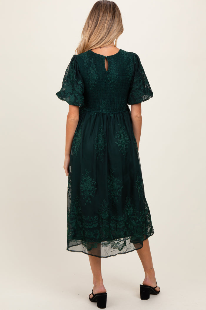 Forest Green Floral Lace Smocked Maternity Midi Dress
