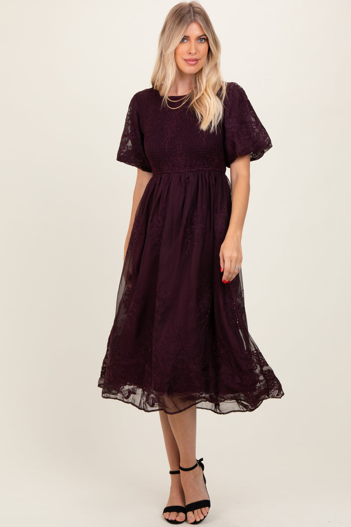 Plum Floral Lace Smocked Maternity Midi Dress