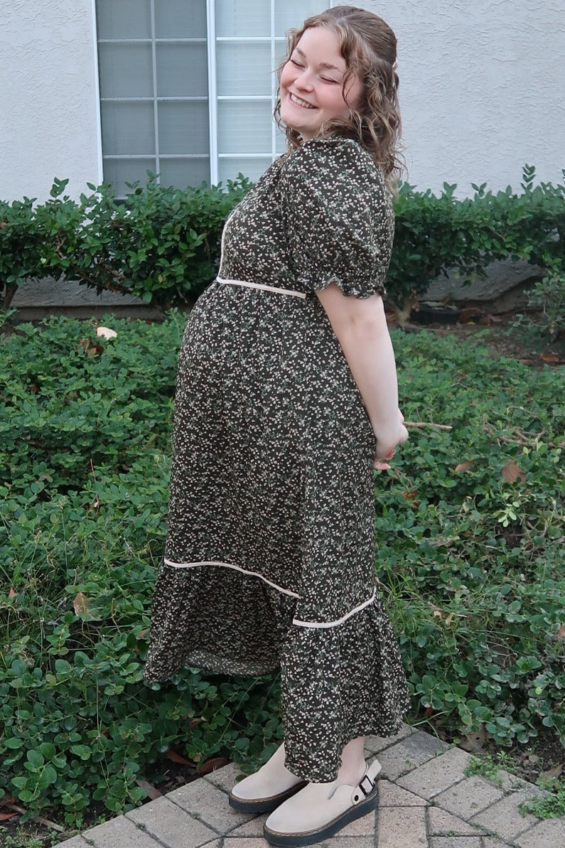 Olive Floral Puff Sleeve Ruffle Hem Maternity Midi Dress