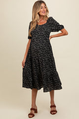 Black Micro Floral Maternity Midi Dress