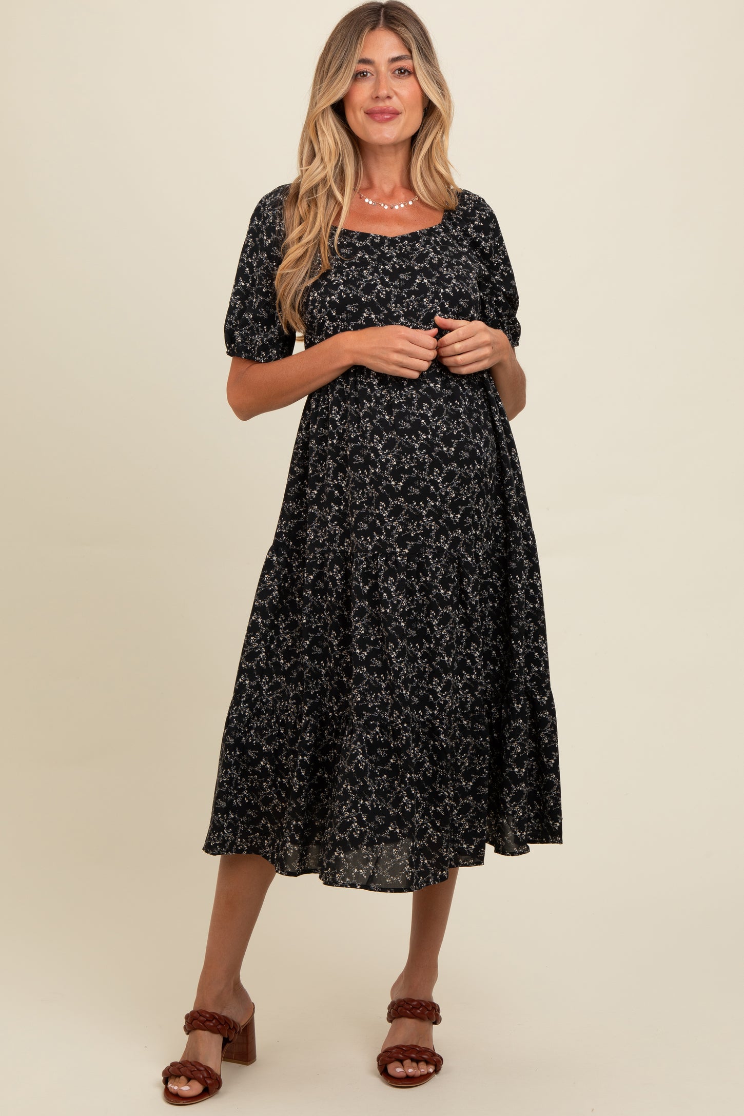 Black Micro Floral Maternity Midi Dress