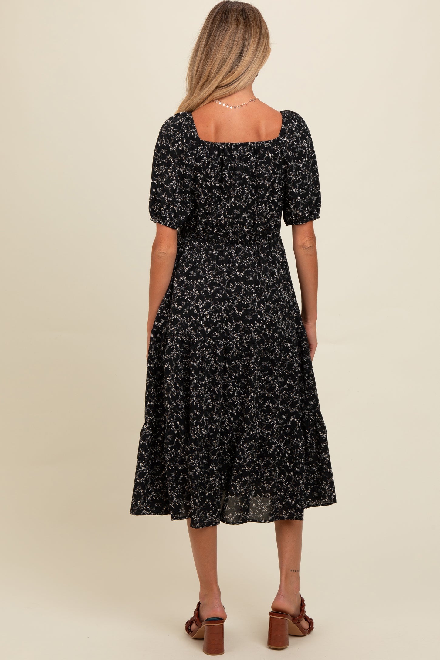 Black Micro Floral Maternity Midi Dress