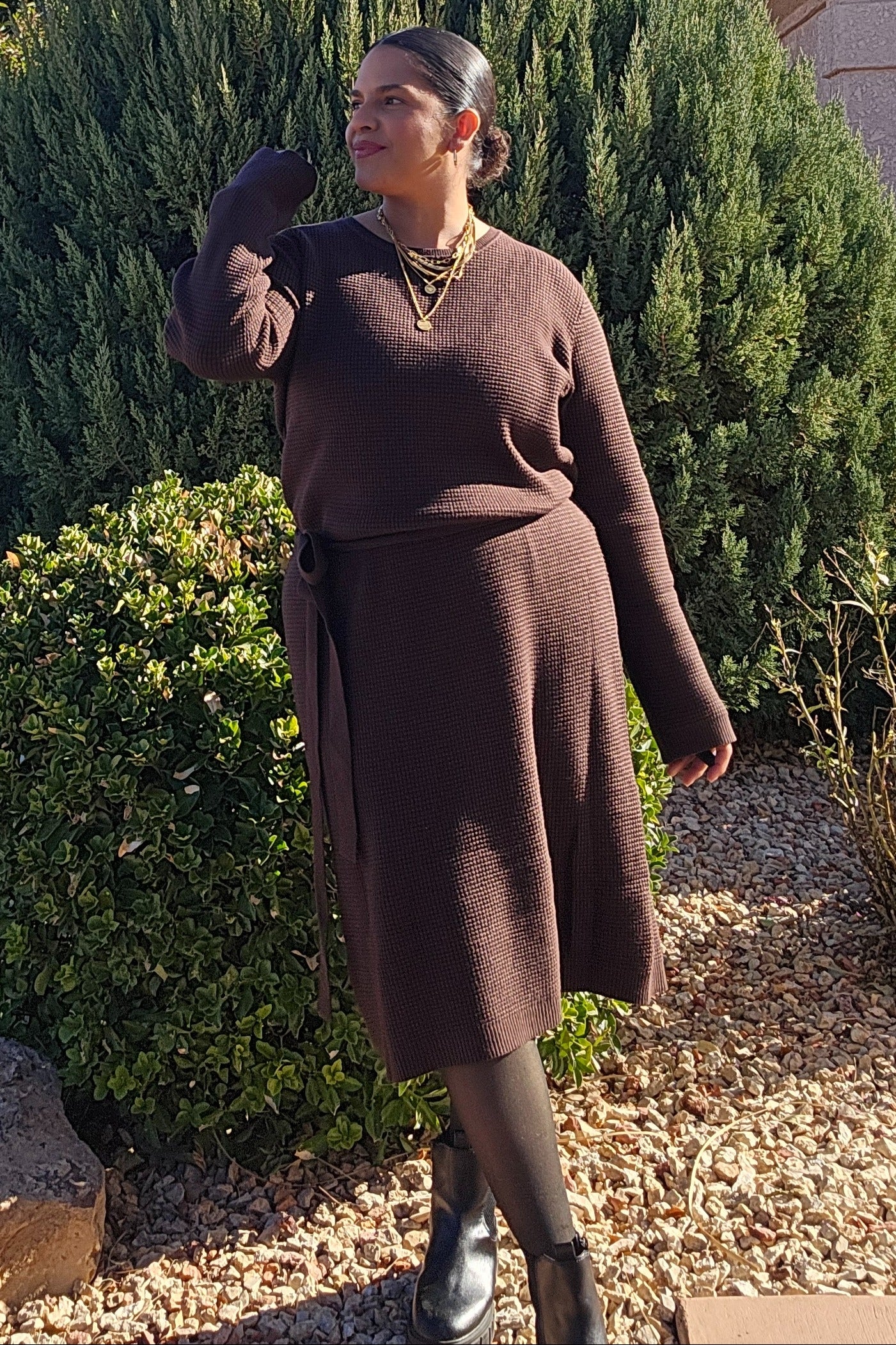 Brown Waffle Knit Sash Tie Midi Sweater Dress