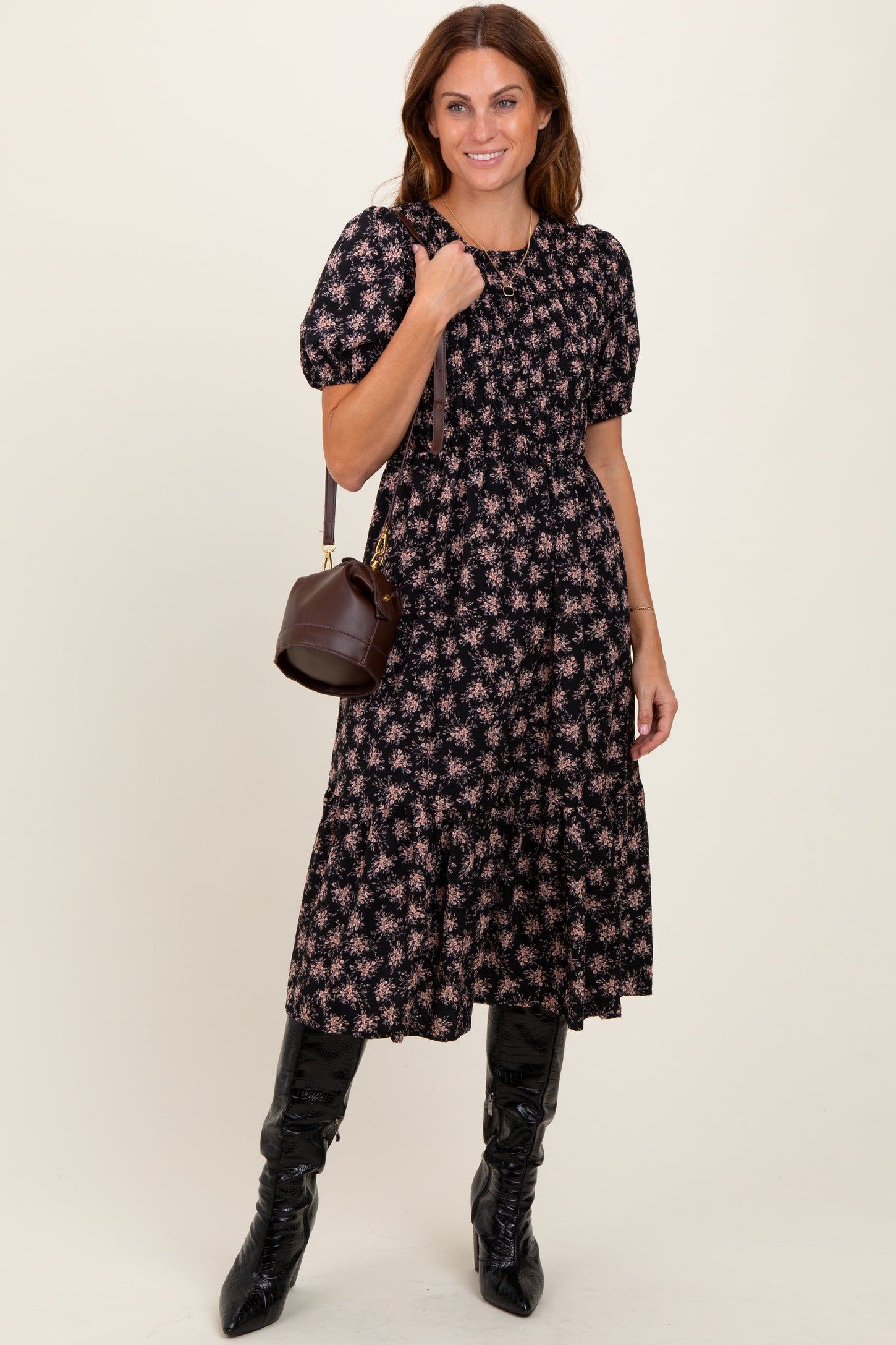 Black Floral Puff Sleeve Smocked Midi Dress