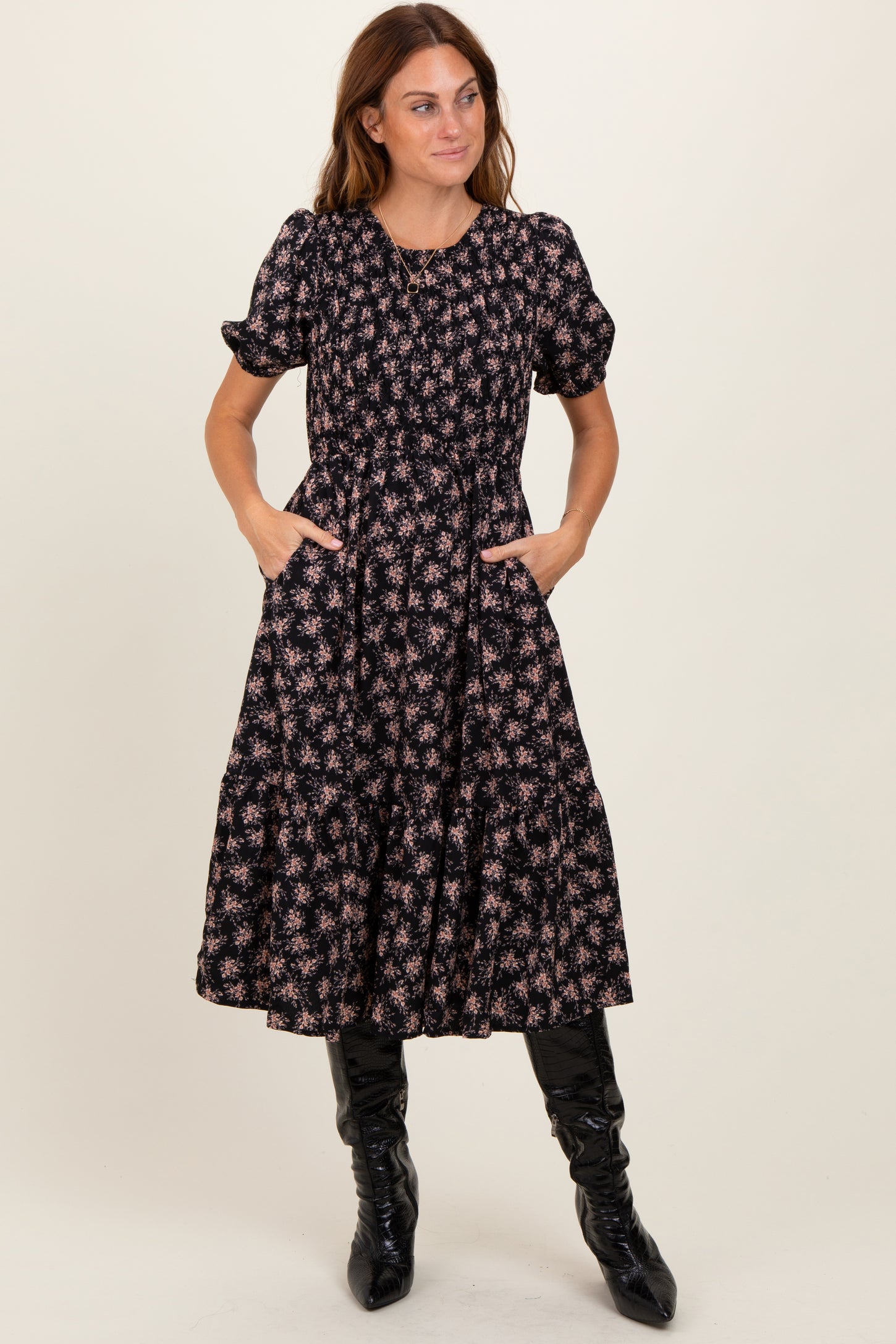 Black Floral Puff Sleeve Smocked Maternity Midi Dress