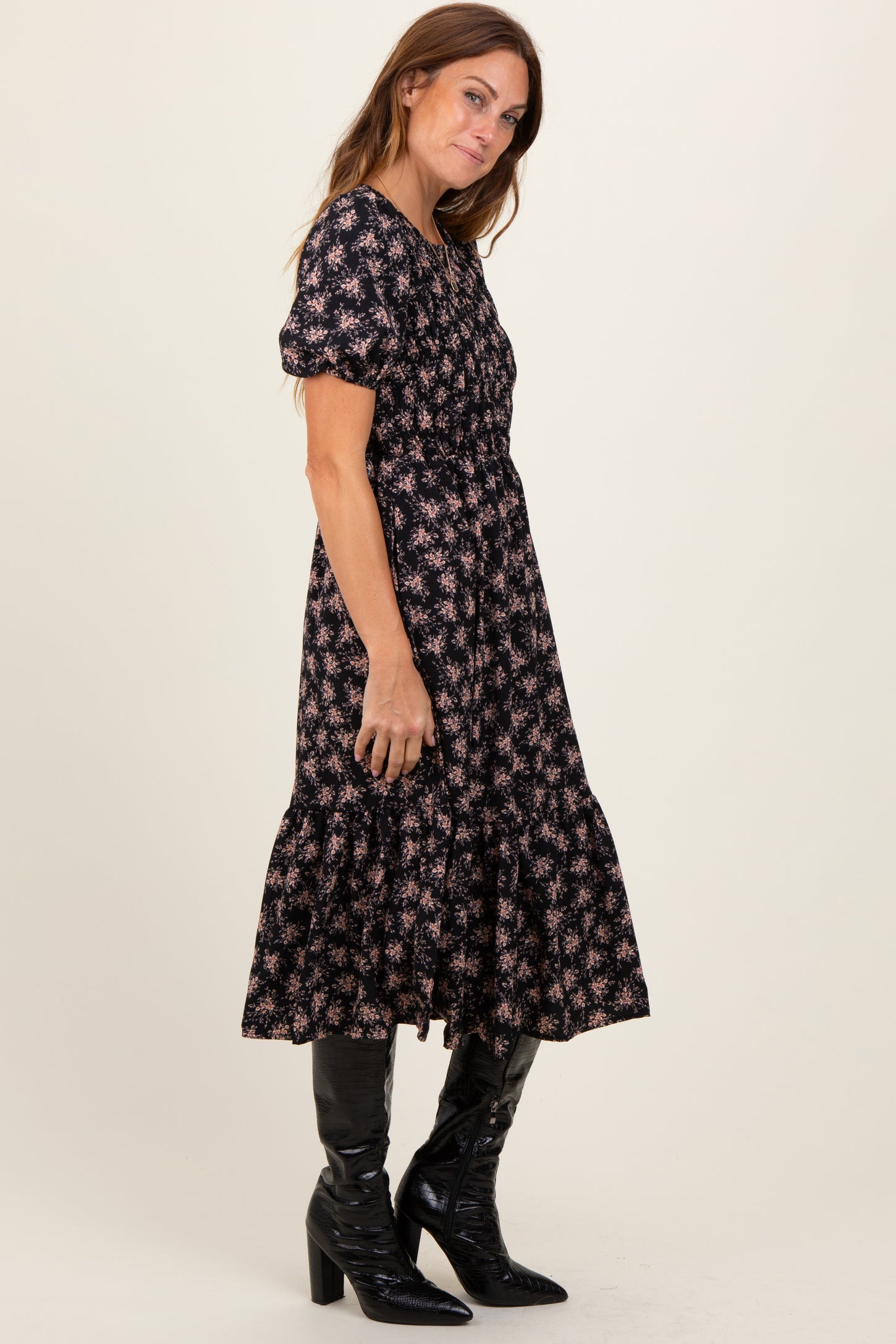 Black Floral Puff Sleeve Smocked Midi Dress