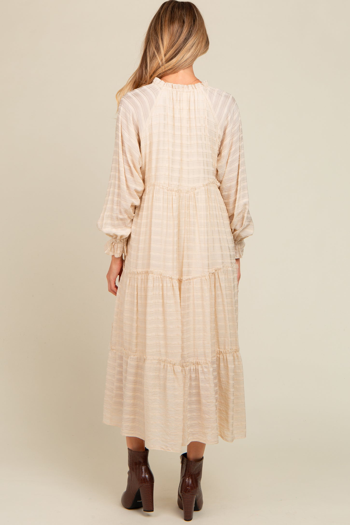Cream Striped Front Tassel Tie Tiered Maternity Midi Dress