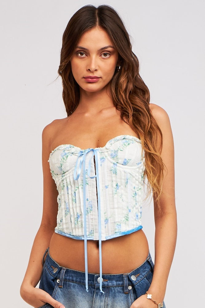 Blue Garden Floral Underwire Corset Back Tie Crop Top