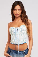 Blue Garden Floral Underwire Corset Back Tie Crop Top