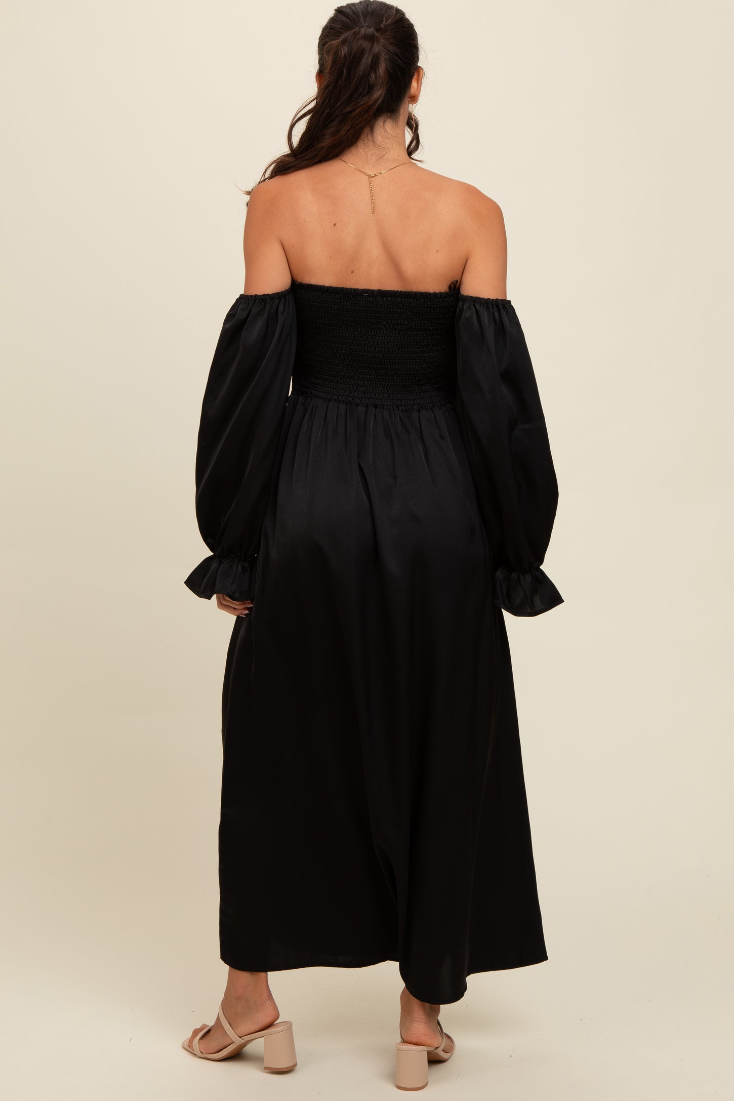 Black Off Shoulder Satin Pleated Bodice Maxi Dress