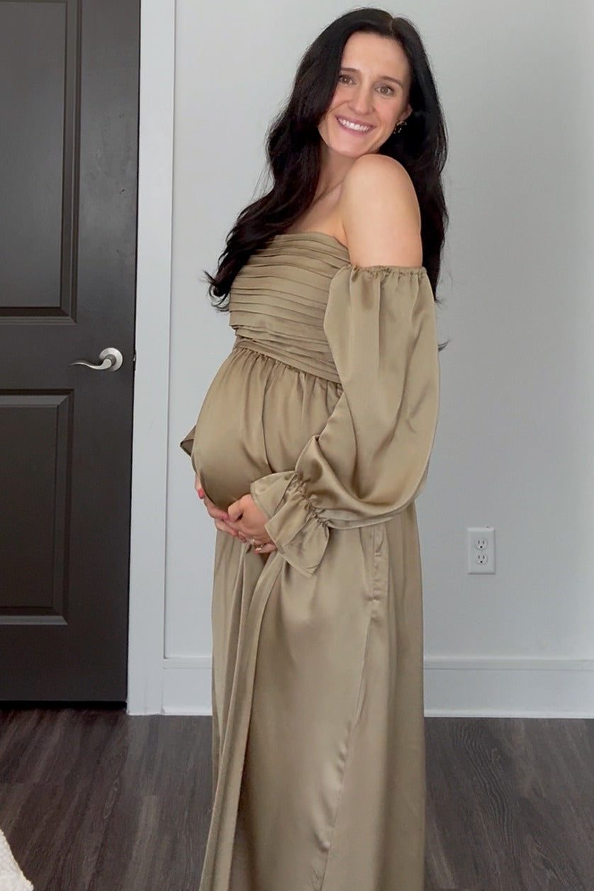 Olive Off Shoulder Satin Pleated Bodice Maternity Maxi Dress