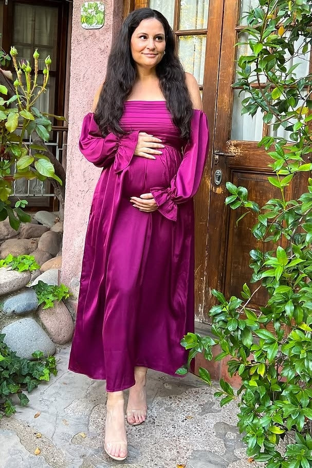Burgundy Off Shoulder Satin Pleated Bodice Maternity Maxi Dress