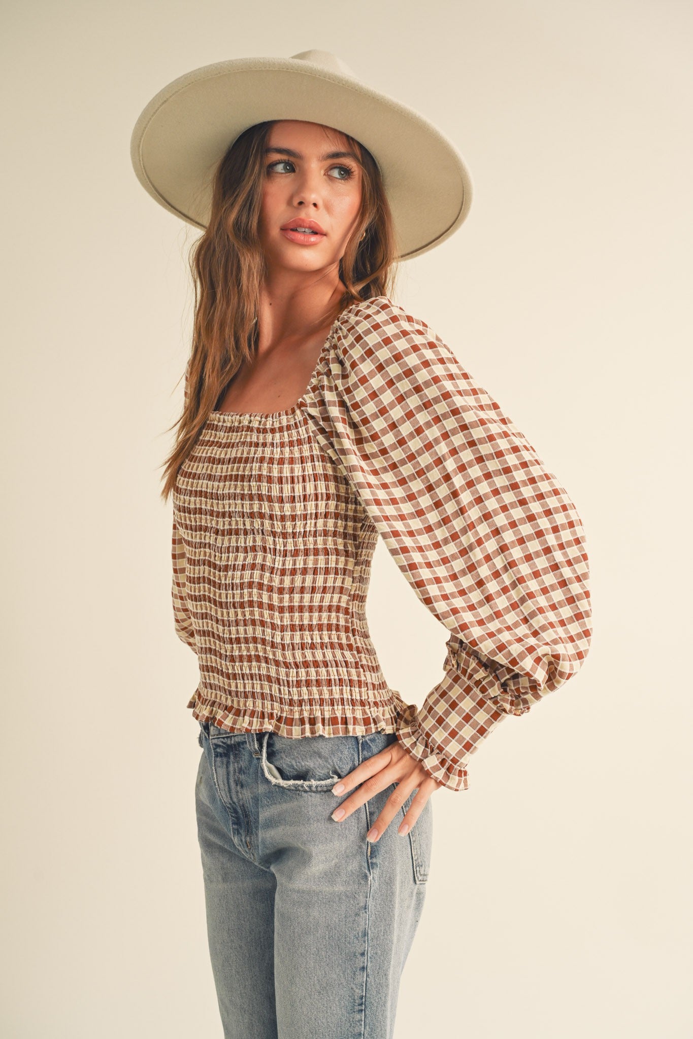 Ginger Check Gingham Square Neck Smocking Top