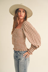 Ginger Check Gingham Square Neck Smocking Top