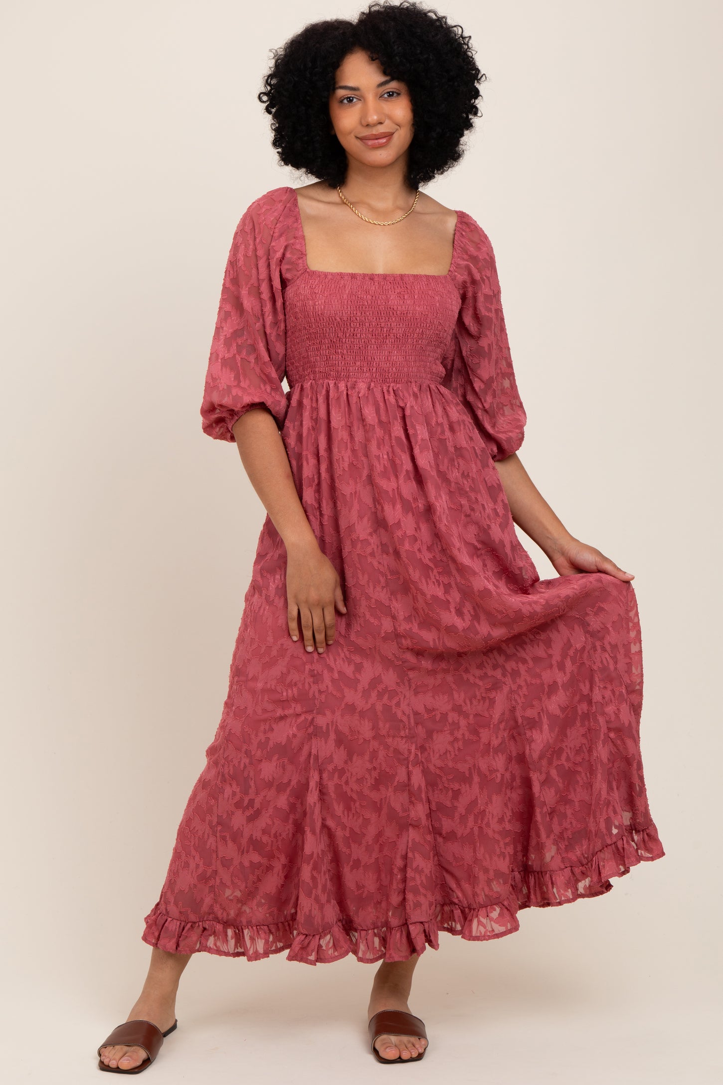 Mauve Textured Overlay Smocked Ruffled Hem Maxi Dress