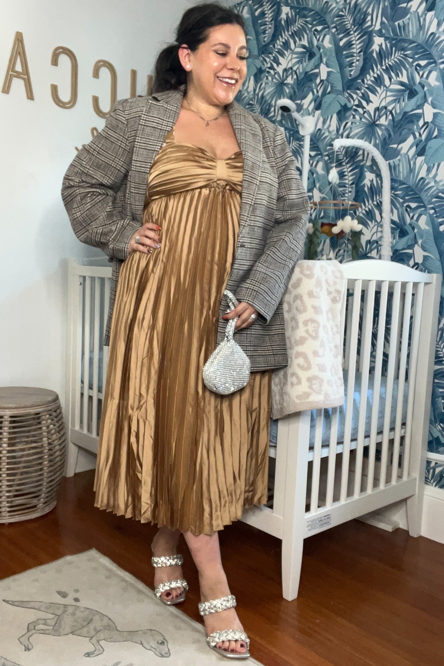 Gold Satin Pleated Sweetheart Maternity Midi Dress