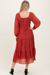 Rust Ruffle Accent Tiered Long Sleeve Maxi Dress