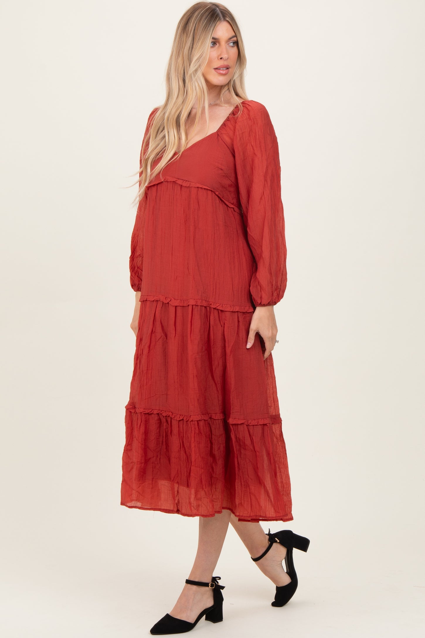 Rust Ruffle Accent Tiered Long Sleeve Maxi Dress