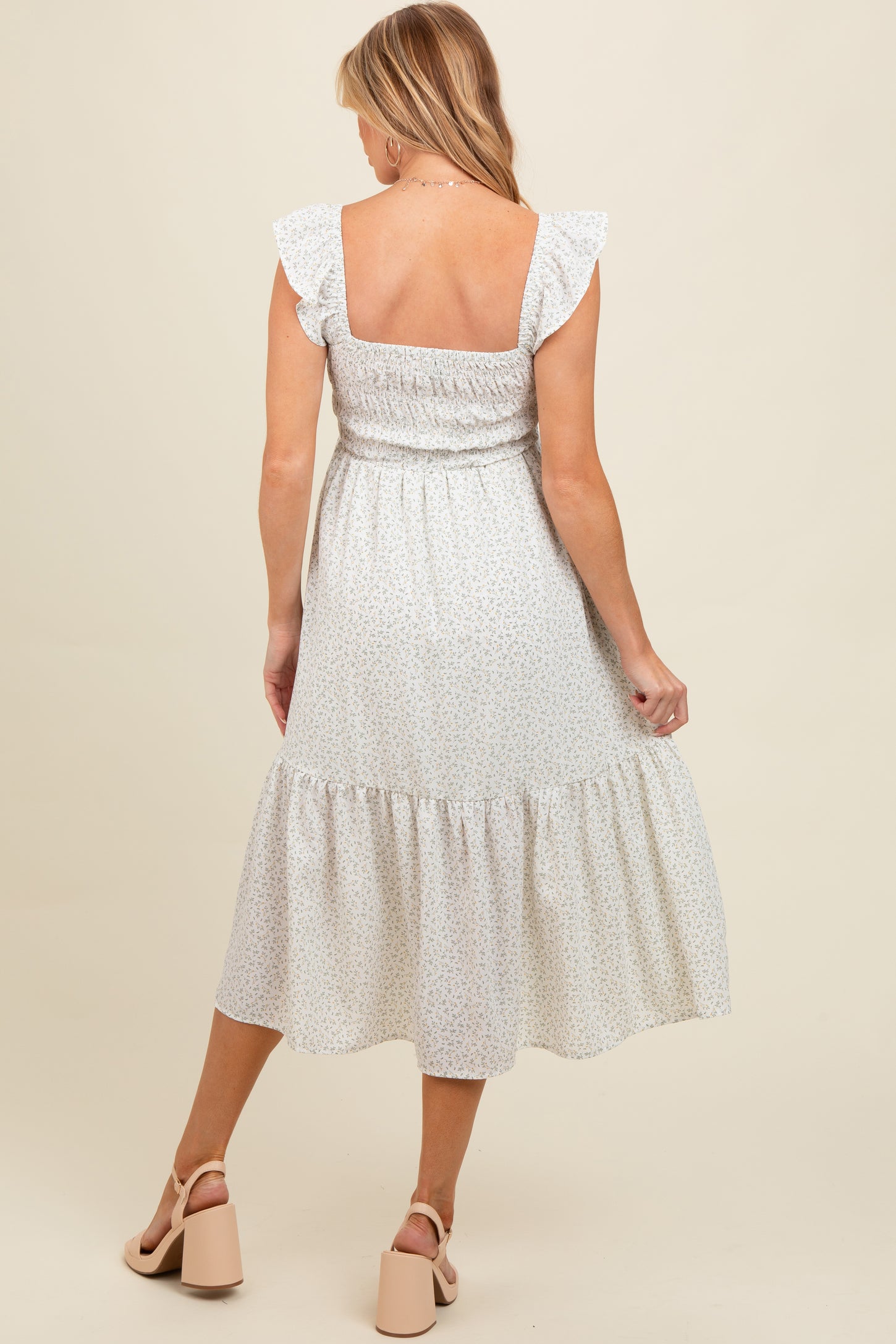 Cream Ruffle Strap Smocked Maternity Mid Dress