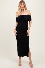 Black Bow Detail Off Shoulder Side Slit Midi Dress