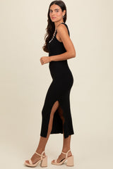 Black Knit Contrast Stitch Detail Midi Dress