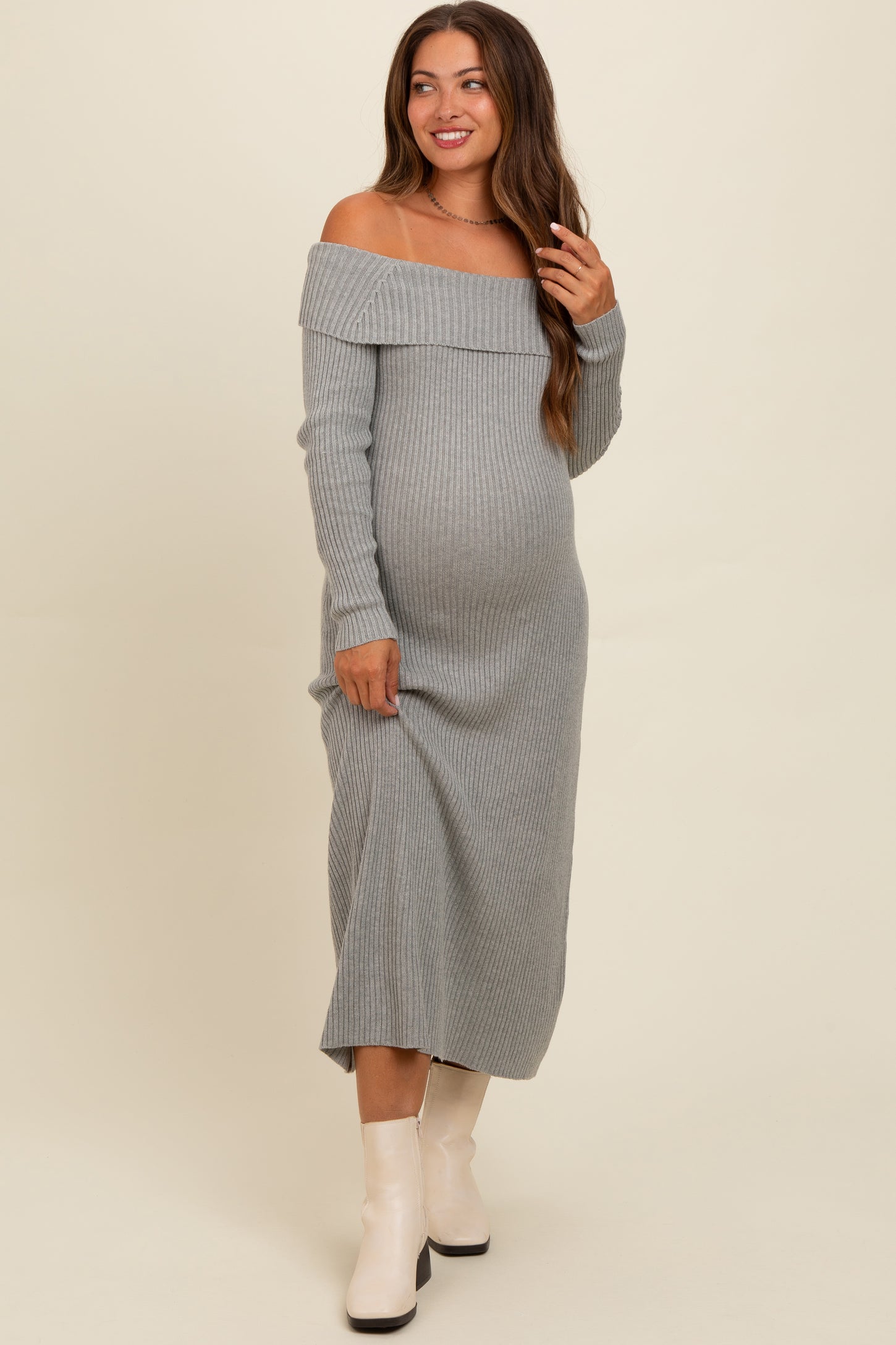 Heather Grey Off Shoulder Back Tie Maternity Sweater Midi Dress