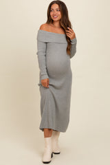 Heather Grey Off Shoulder Back Tie Maternity Sweater Midi Dress