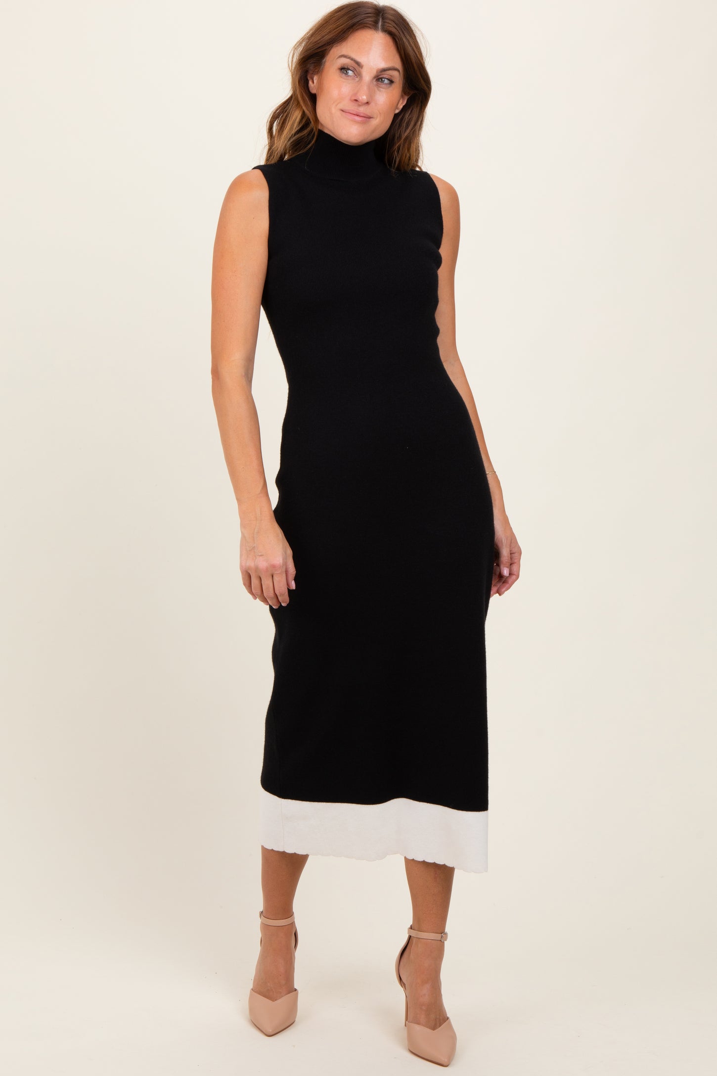 Black Knit Contrast Hem Mock Neck Sleeveless Maternity Midi Dress