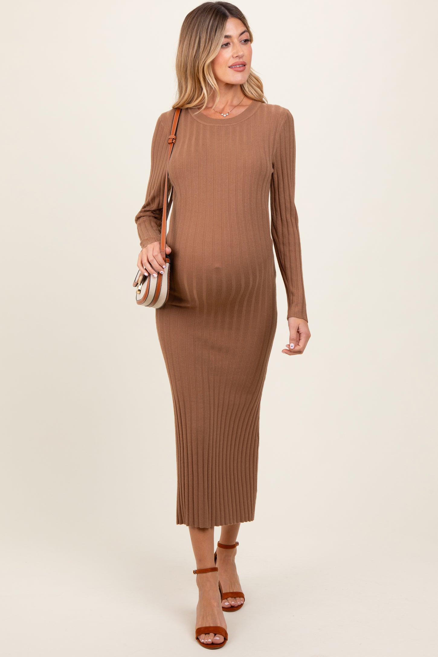 Mocha Ribbed Knit Fitted Maternity Midi Sweater Dress