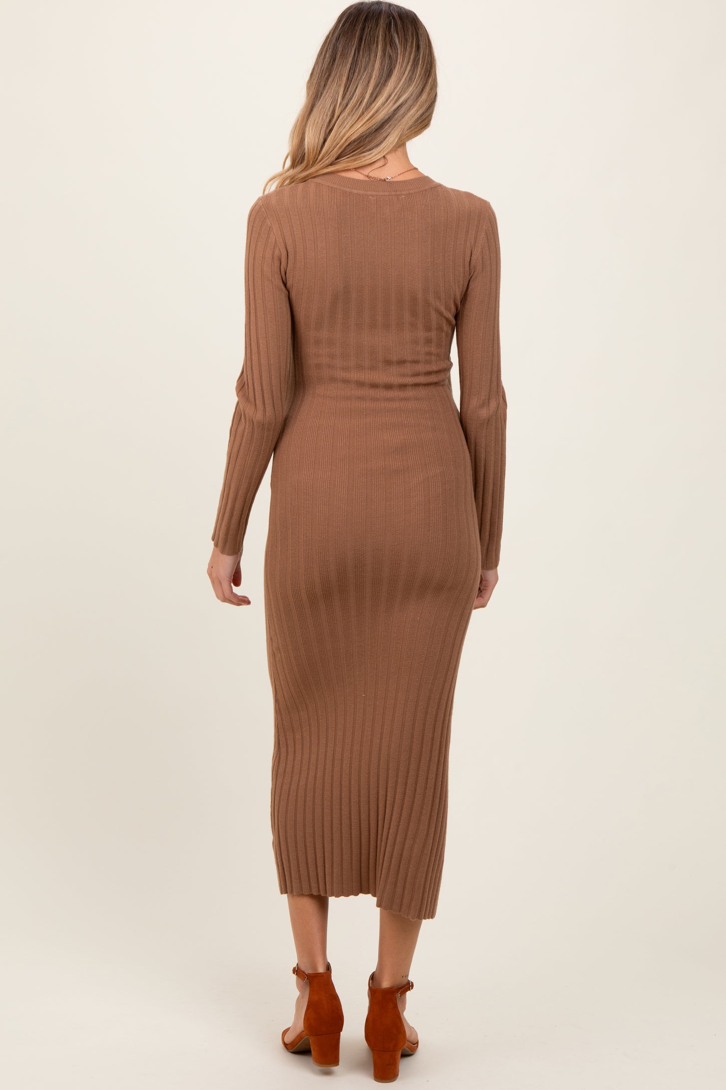 Mocha Ribbed Knit Fitted Maternity Midi Sweater Dress
