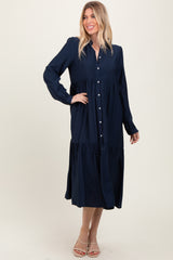 Navy Button Down Long Sleeve Midi Shirt Dress