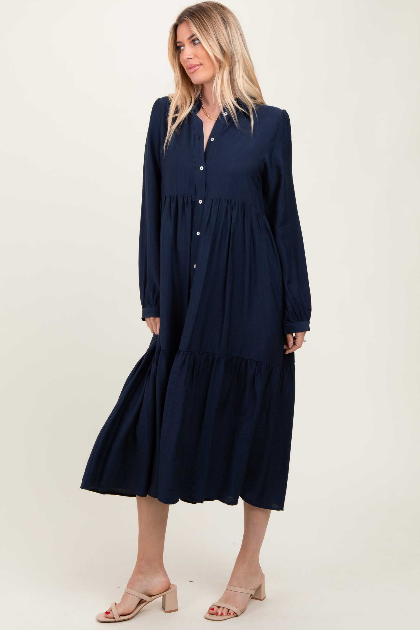 Navy Button Down Long Sleeve Midi Shirt Dress