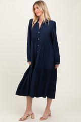 Navy Button Down Long Sleeve Midi Shirt Dress