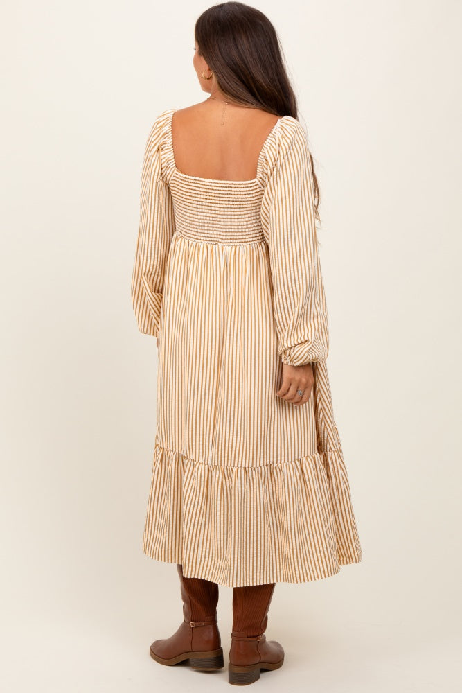 Yellow Striped Ruched Bodice Balloon Sleeved Maternity Midi Dress