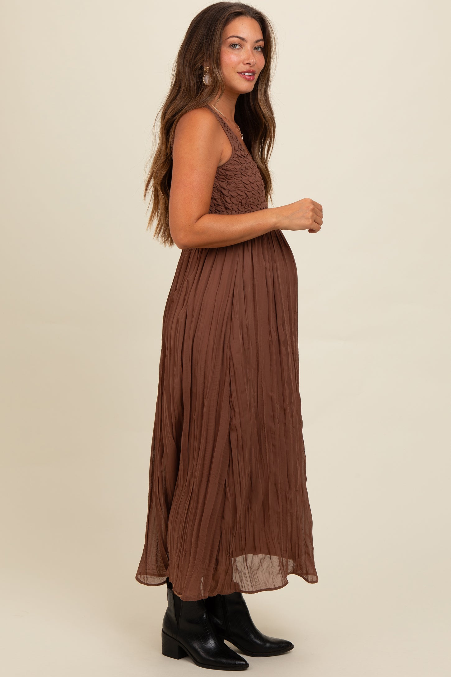 Mocha Textured Smocked Bodice Sleeveless Maternity Maxi Dress