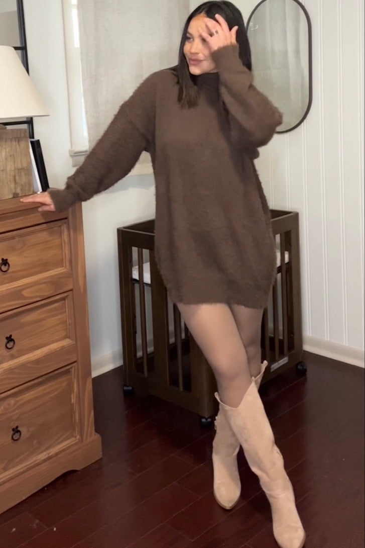 Cream Fuzzy Knit Turtleneck Sweater Mini Dress