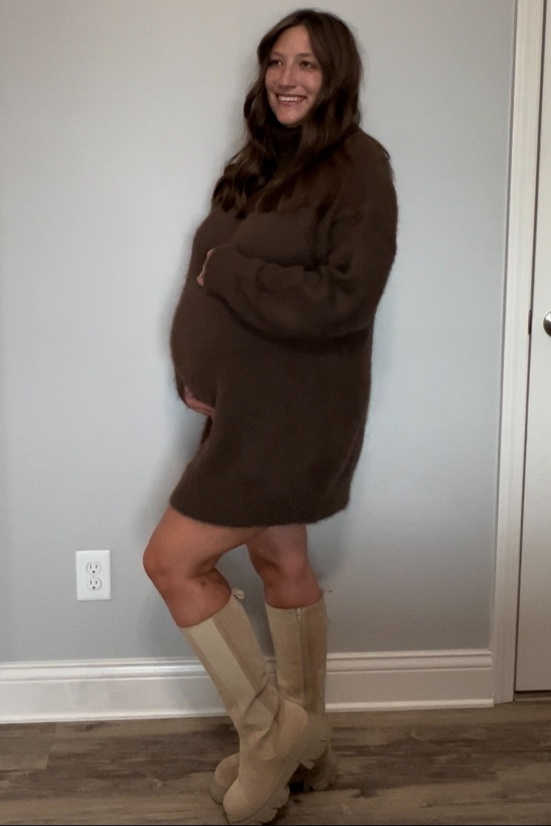 Cream Fuzzy Knit Turtleneck Maternity Sweater Mini Dress