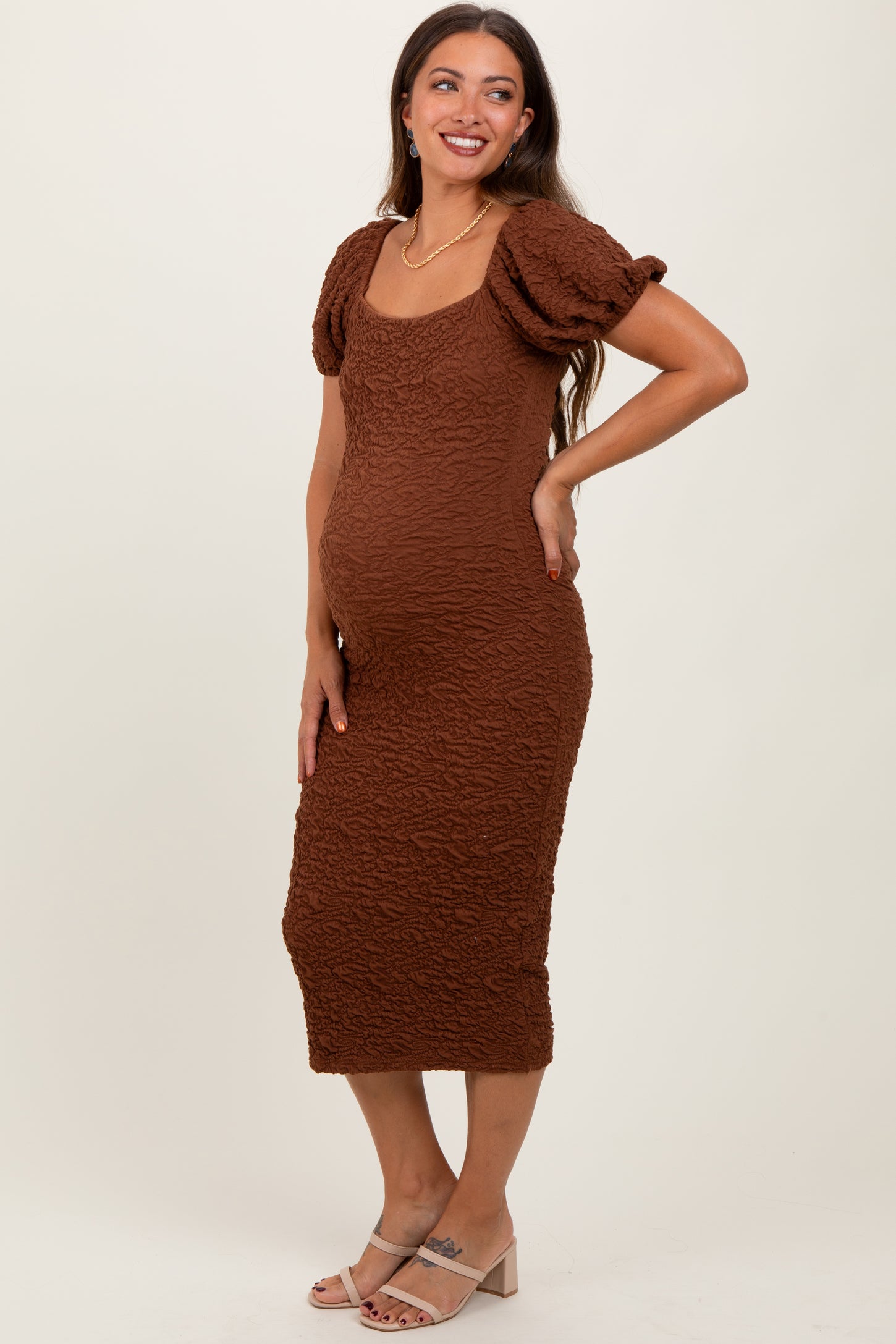 Mocha Textured Square Neck Puff Sleeve Maternity Midi Dress