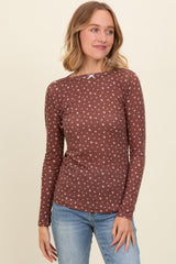 Brown Floral Bow Detail Long Sleeve Fitted Top