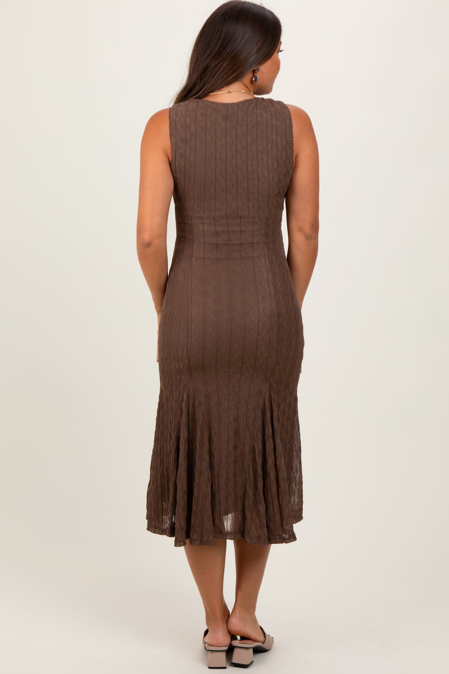 Brown Textured V-Neck Maternity Midi Dress