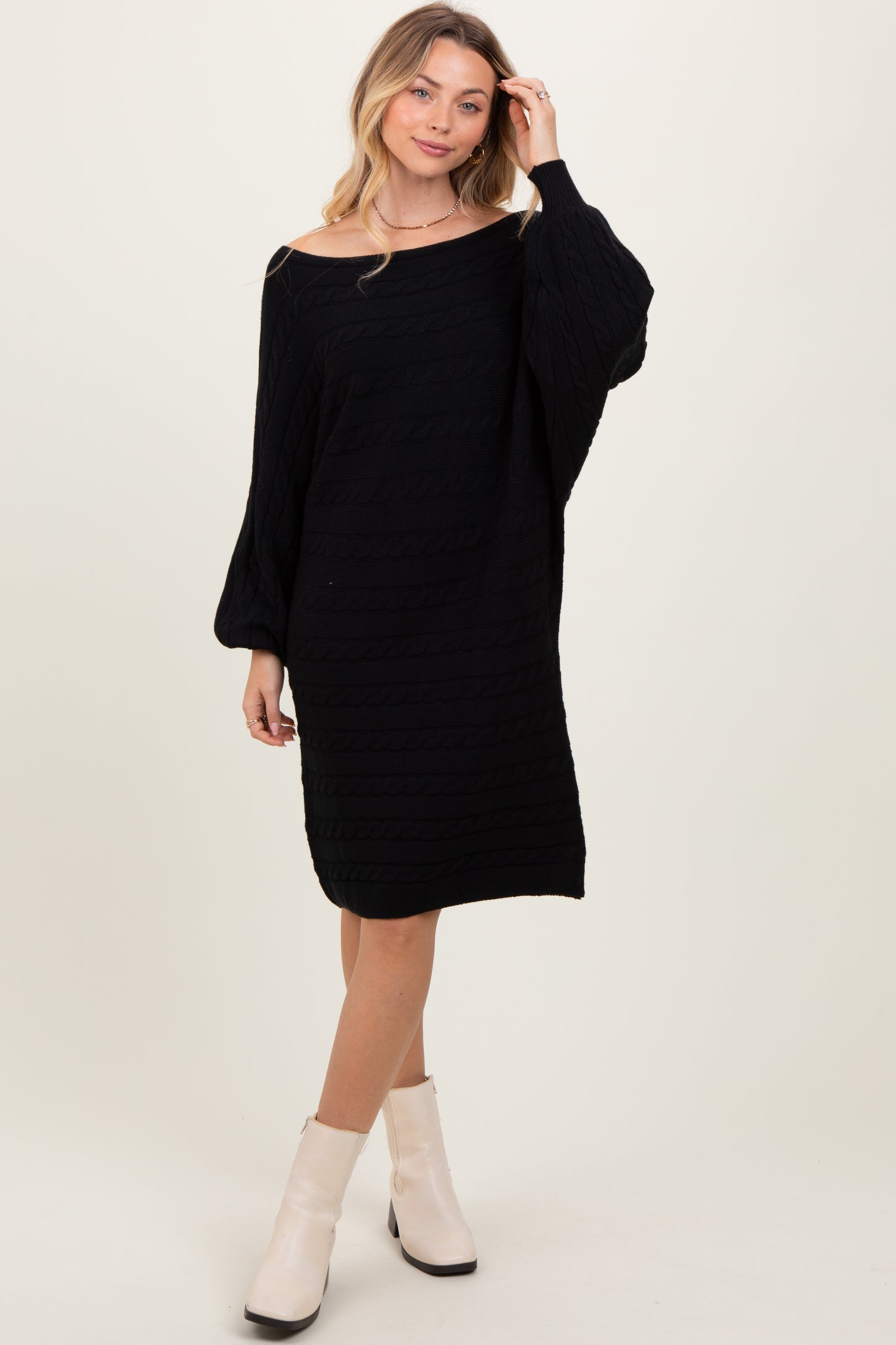 Black Cable Knit Dolman Sleeve Sweater Mini Dress