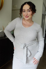 Heather Grey Ribbed Knit Long Sleeve Tie Waist Maternity Dress